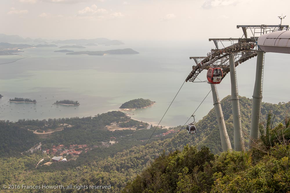 View of the Langkawi cable car up the escarpment of Mount Machincang from the half way station